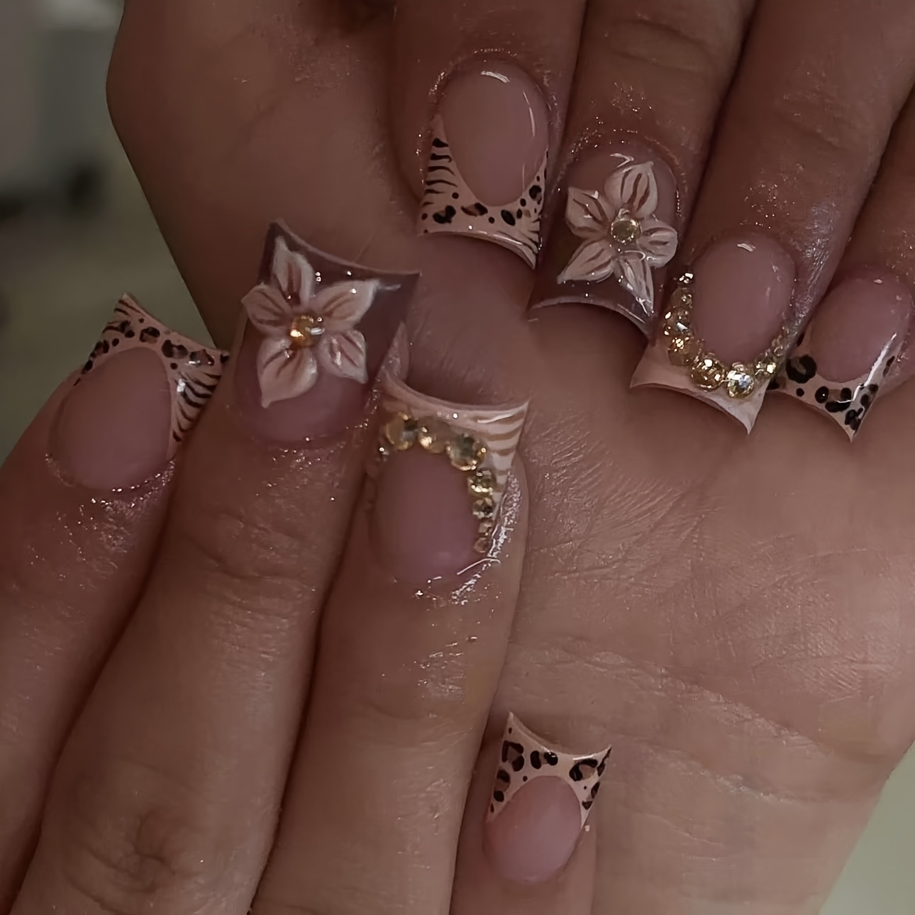 TEMU Unghie finte 3D in stile e americano con stampa leopard francese, unghie artificiali da indossare dolci e , unghie finte staccabili per l'