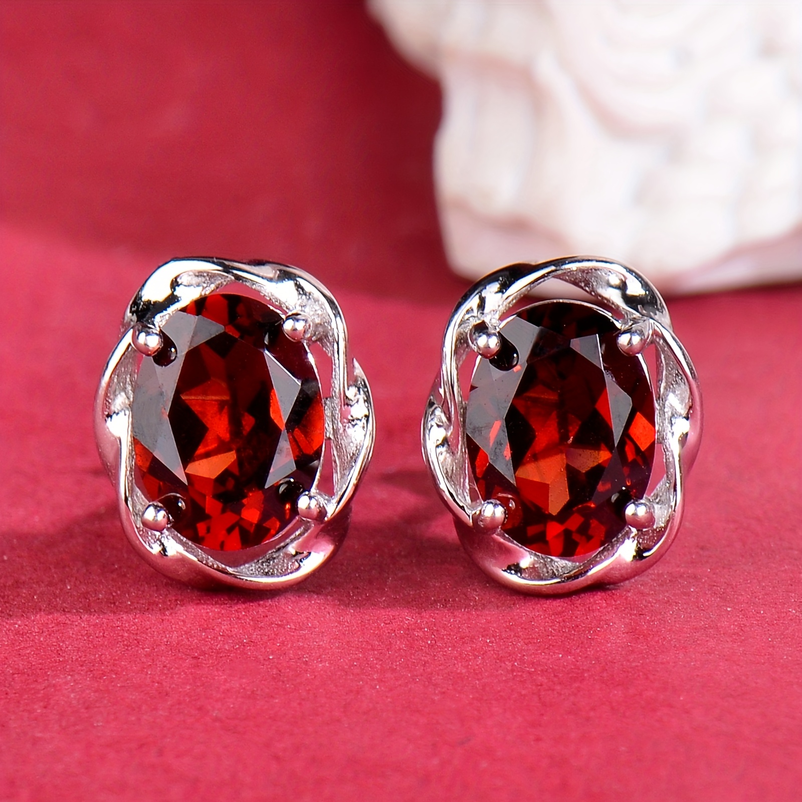 Image of 925 Silvery Inlaid Natural Garnet Earrings Rose Golden Simple Exquisite Fashion Ladies Earrings Couple Gifts Mother Gifts Valentine's Day Gifts, Christmas Gifts.