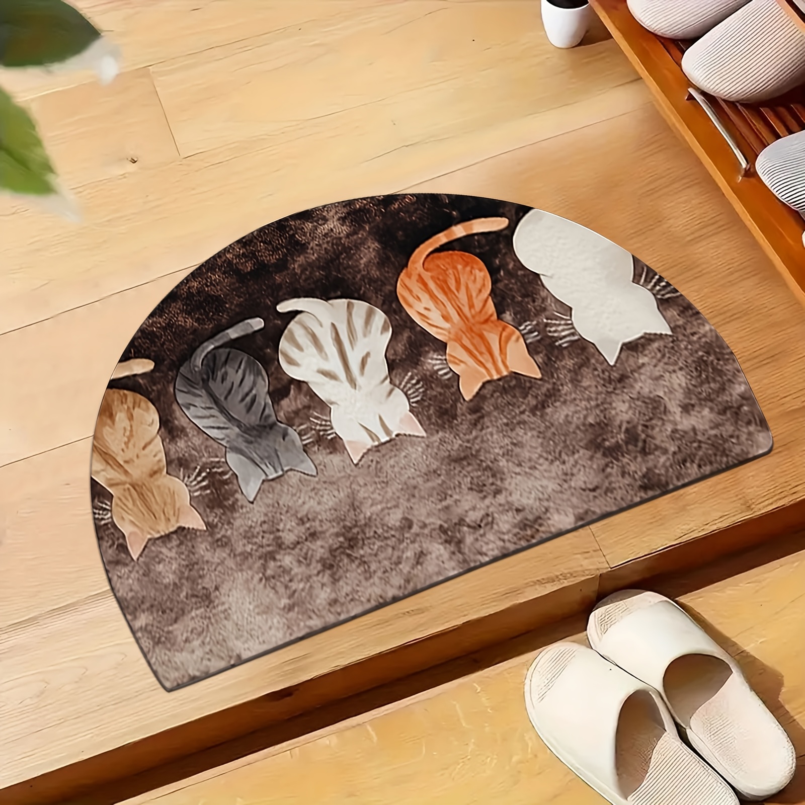 TEMU 2d Flat 1pc Cute Cat Design Non-slip Doormat - Semi-circular Polyester Doormat With Illustration, Machine-made Indoor Entrance Mat, Suitable For
