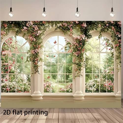 2d flat 1pc 5 size options three arched windows with flowers and butterflies realistic as background for photography backdrop beautiful multipurpose decor for festival yard garden celebrations