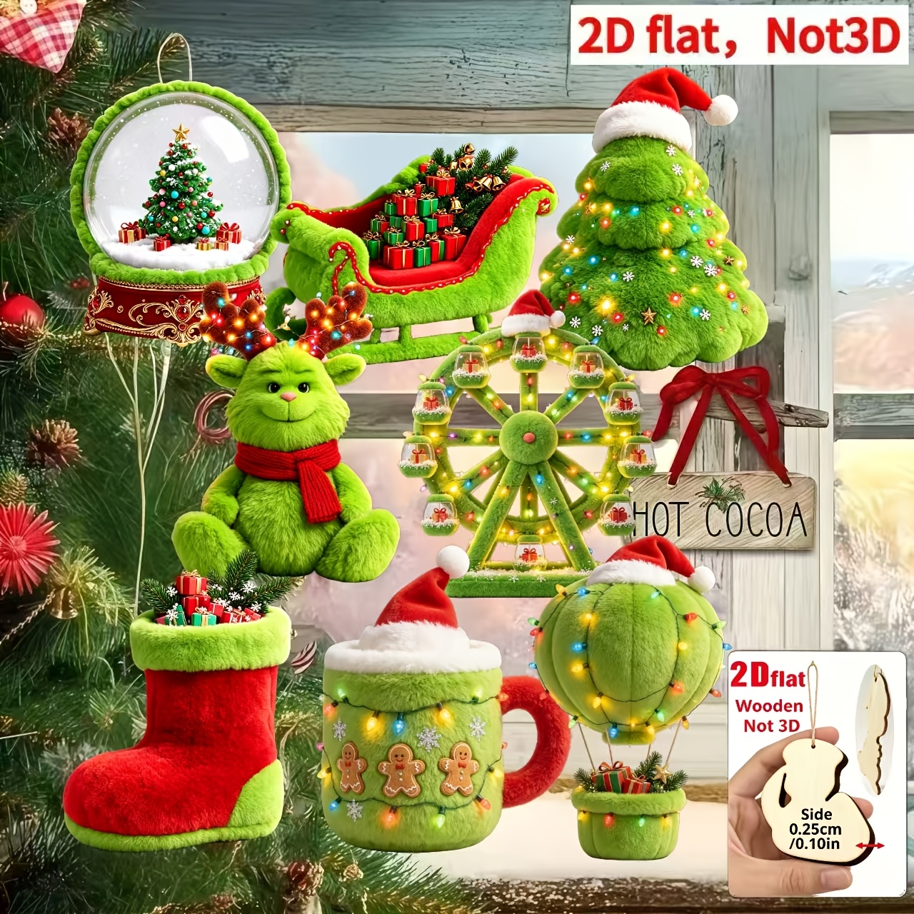 TEMU [2D Plat] 8pcs, Pendentifs en bois fantaisie Noël et Halloween, vert de Noël, Pendentifs de décoration et , Ornements à suspendre à de Noël,