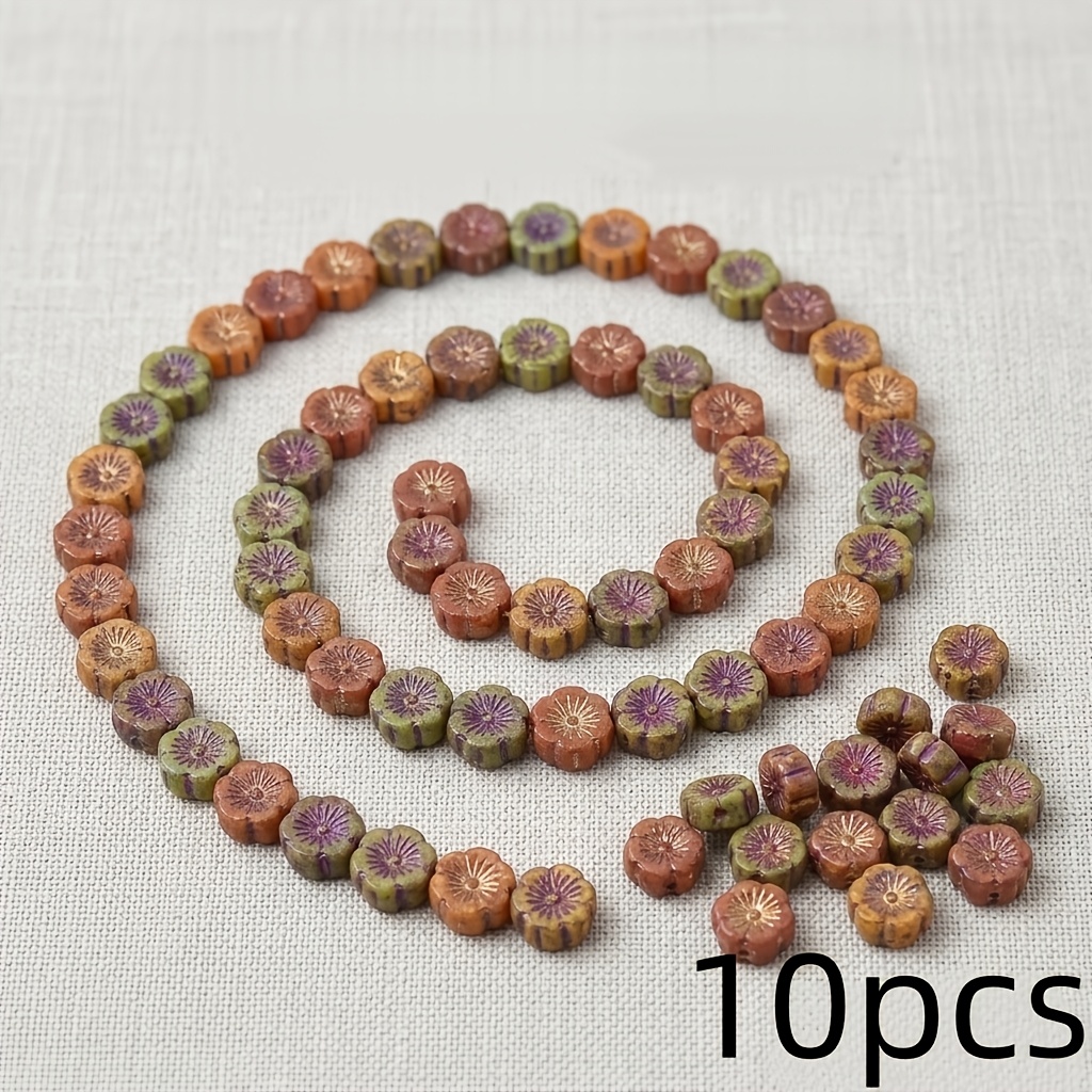 TEMU 10 perles florales en verre tchèque, perles décoratives florales vintage à pétales avec bordure dorée, perles multicolores de style Picasso,