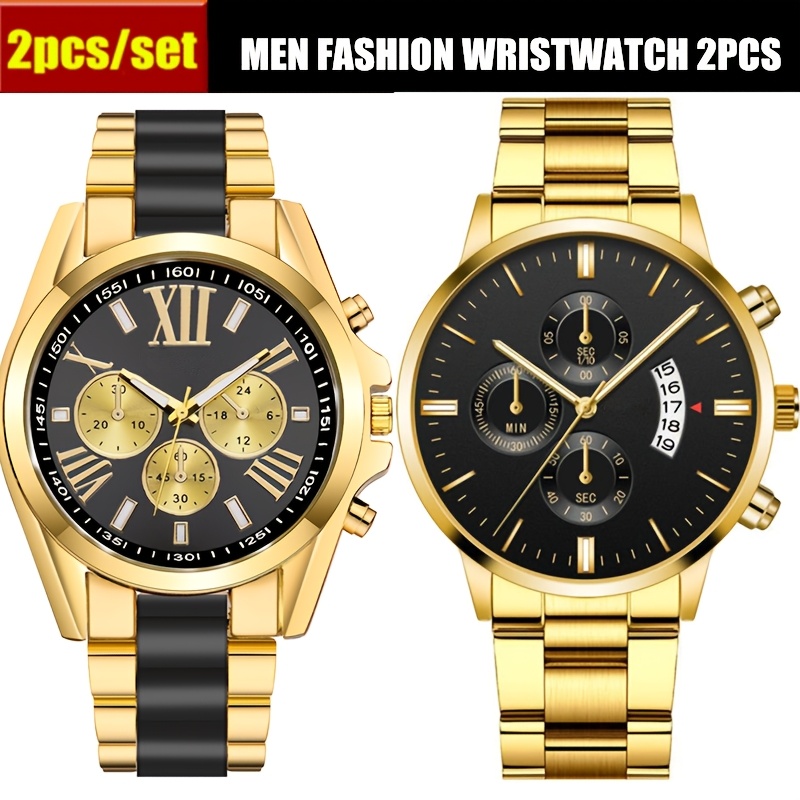 TEMU 2pcs/set Men's Luxury Golden-tone Retro Quartz Watch Roman - Elegant Casual Watches 2pcs(black + Blue), Classic Round Case For Casual & Formal Wear, Formal Wristwatch | Luxury Men's Clock