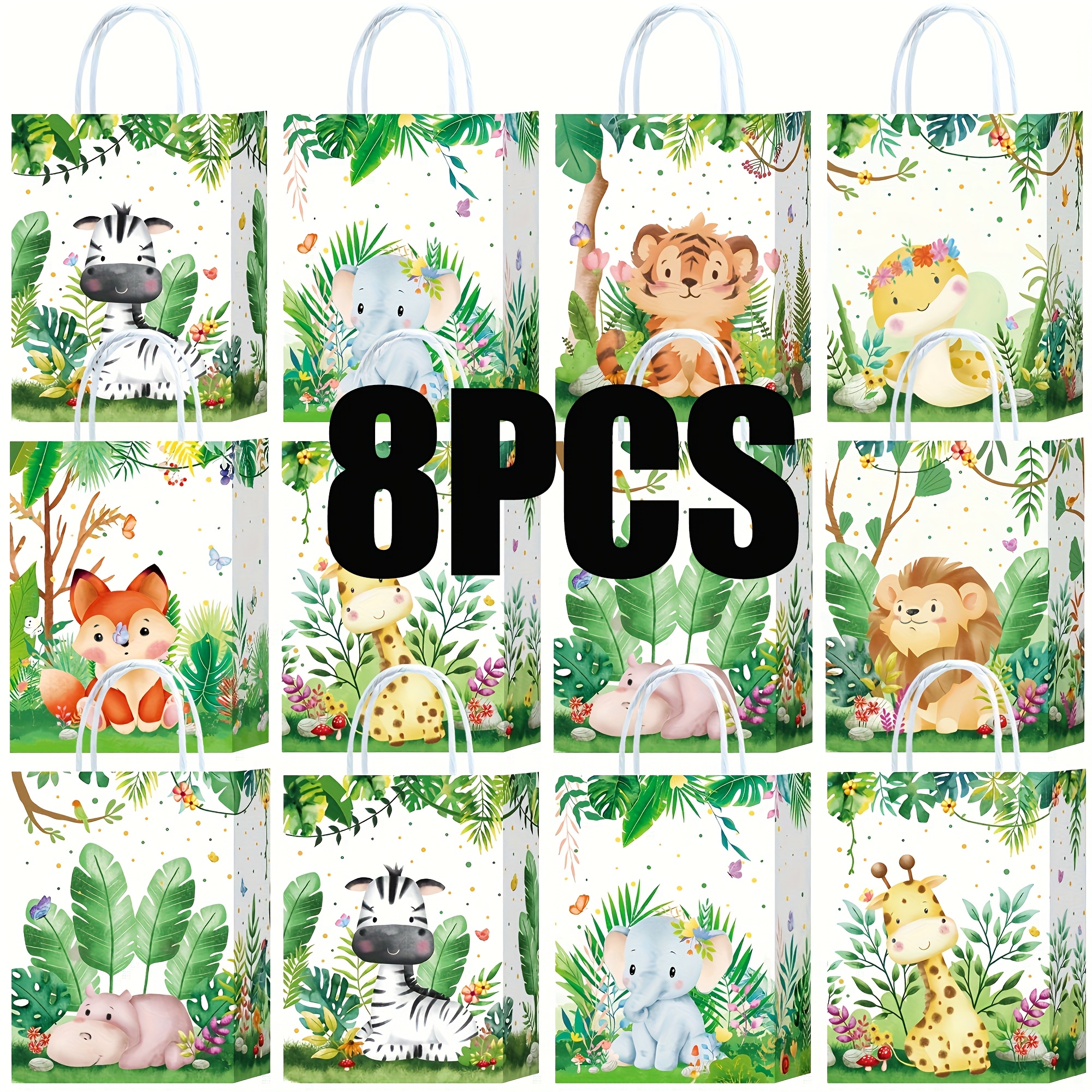 Image of 8/16/24/32pcs Pieces Goodie Bags Jungle Animals Party Favor Bags With Handles Zoo Animals Print Candy Bags Woodland Gift Bags For Baby Shower Wedding Birthday Jungle Themed Party Supplies