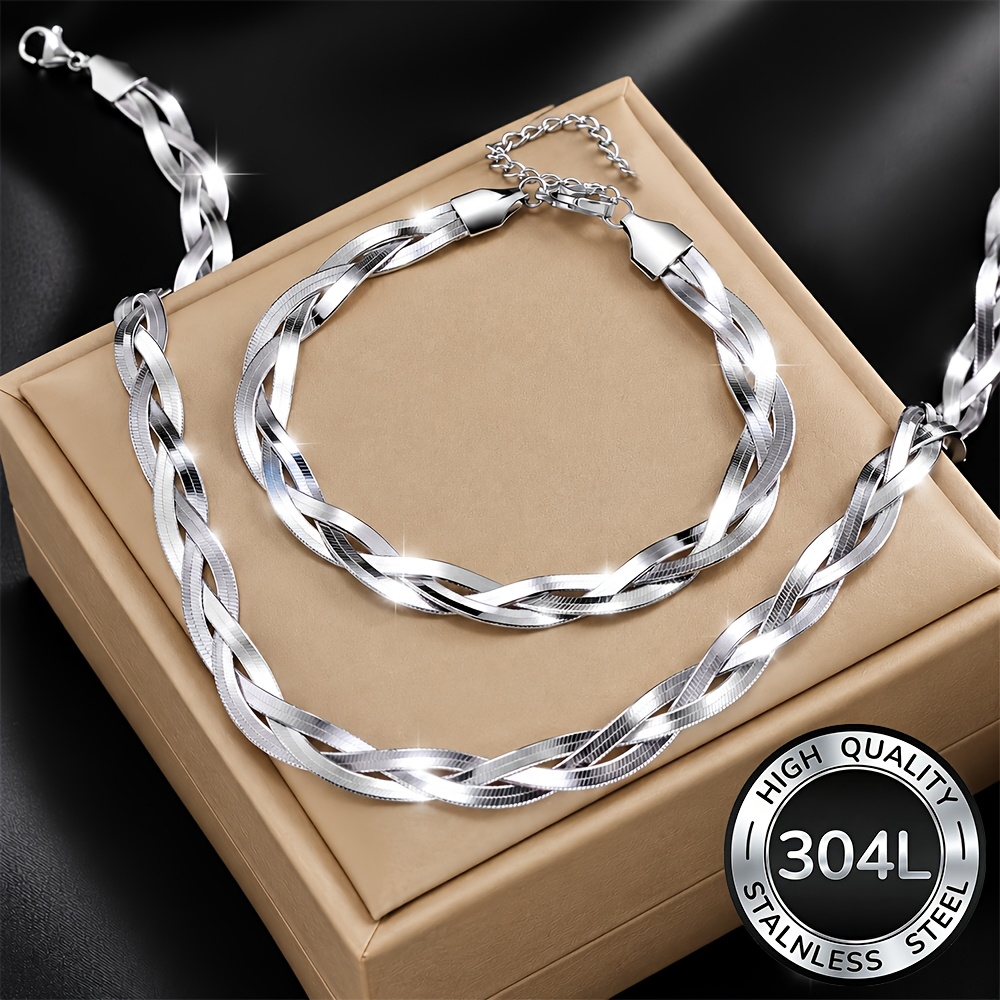 TEMU Ensemble de collier et bracelet en acier inoxydable hypoallergénique de haute qualité, 2 pièces, résistant à la décoloration, confortable et