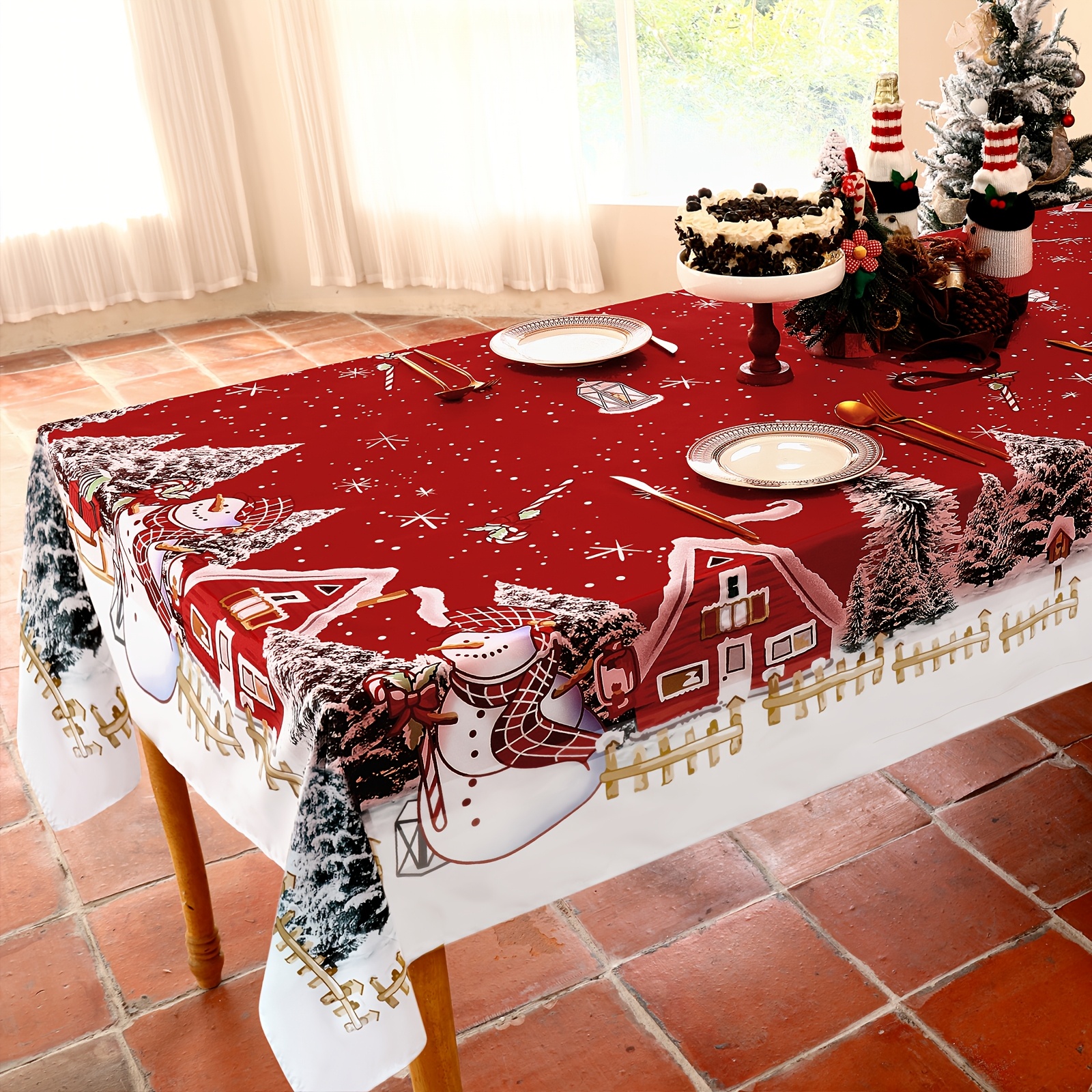 

60x84 Inch Rectangular Christmas Tablecloth Snowman Christmas Tree Red Polyester Tablecloth Christmas Party Decoration Supplies