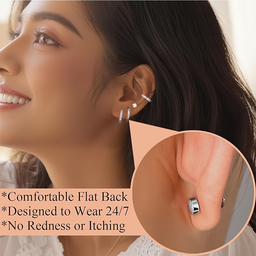 12pcs vintage boho style surgical stainless steel flat back earrings set hypoallergenic hoop stud earrings with synthetic zirconia cz pearl accents for multiple piercings unisex jewelry for daily gift occasions valentines day suitable Product details 1