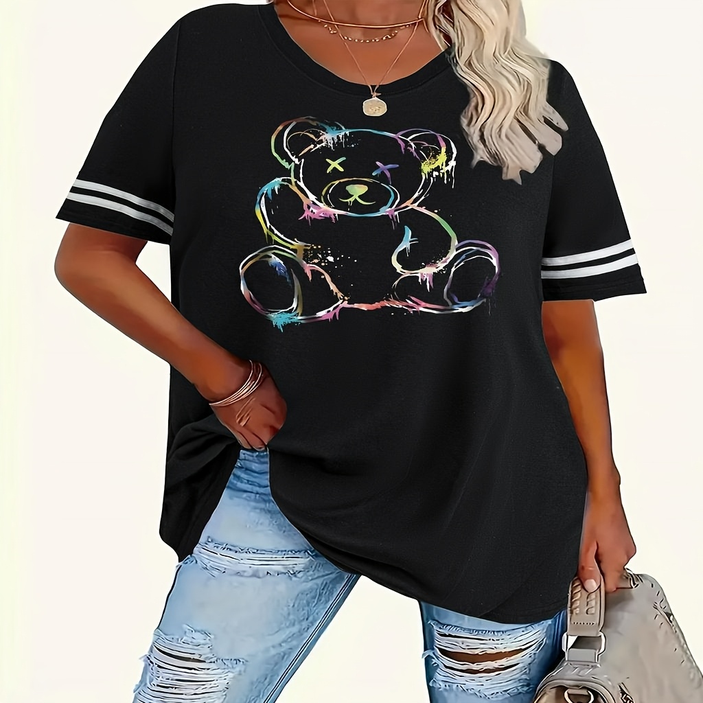 

Relaxed Fit, Plus Size Women's Casual T-shirt With Cartoon , Short Sleeves & Ribbed Neckline - Stretchy Polyester , Machine Washable, Black, Sizes 1-8xl, Plus Size Shirts