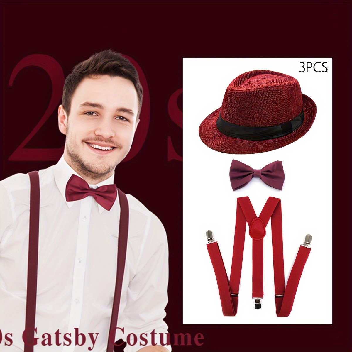 

3pcs D Vintage 1920s Men's Costume Accessory Set - Polyester Y-back Suspenders, Pre-tied Bow Tie, And Hat