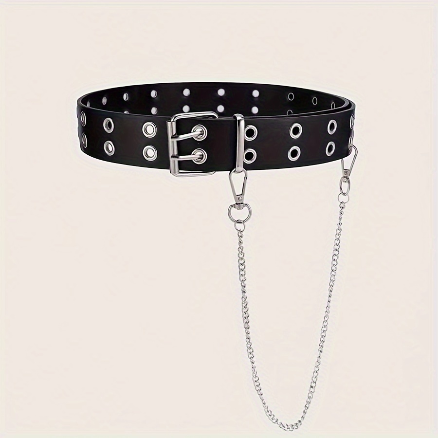 TEMU Women' Row Studded Pu Leather Belt, Korean Fashion Punk Style, Hip-hop Accessory With Star Cutouts, Double , Grommet Chain, Versatile For Sports, Parties, College, Daily