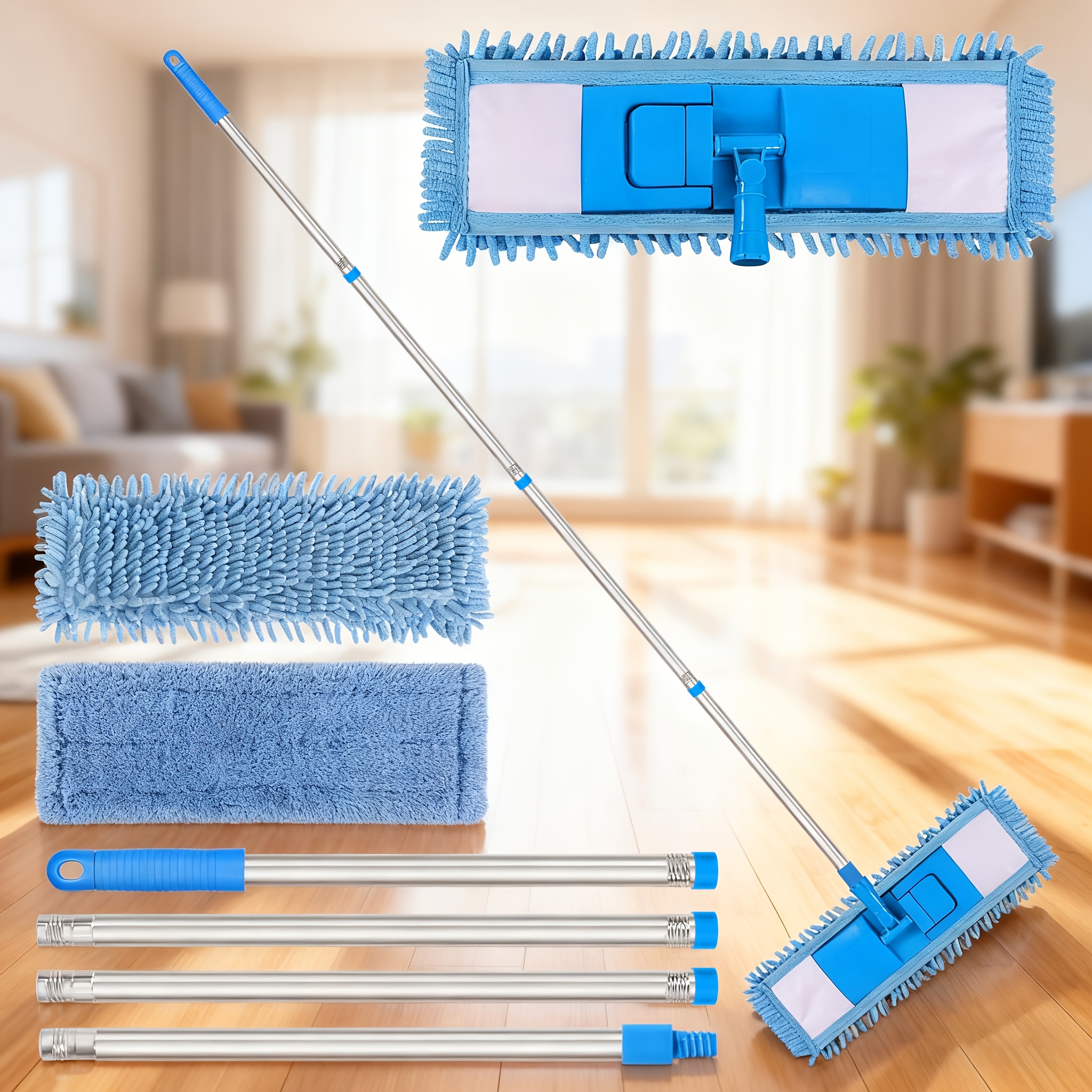 E-shop 360° drehbarer Flachwischer mit langem Stiel Teleskopstangen, Bodenreiniger mit 1 Mikrofaser- 1 Chenille-Tuch, Nass- Trockenwischer,