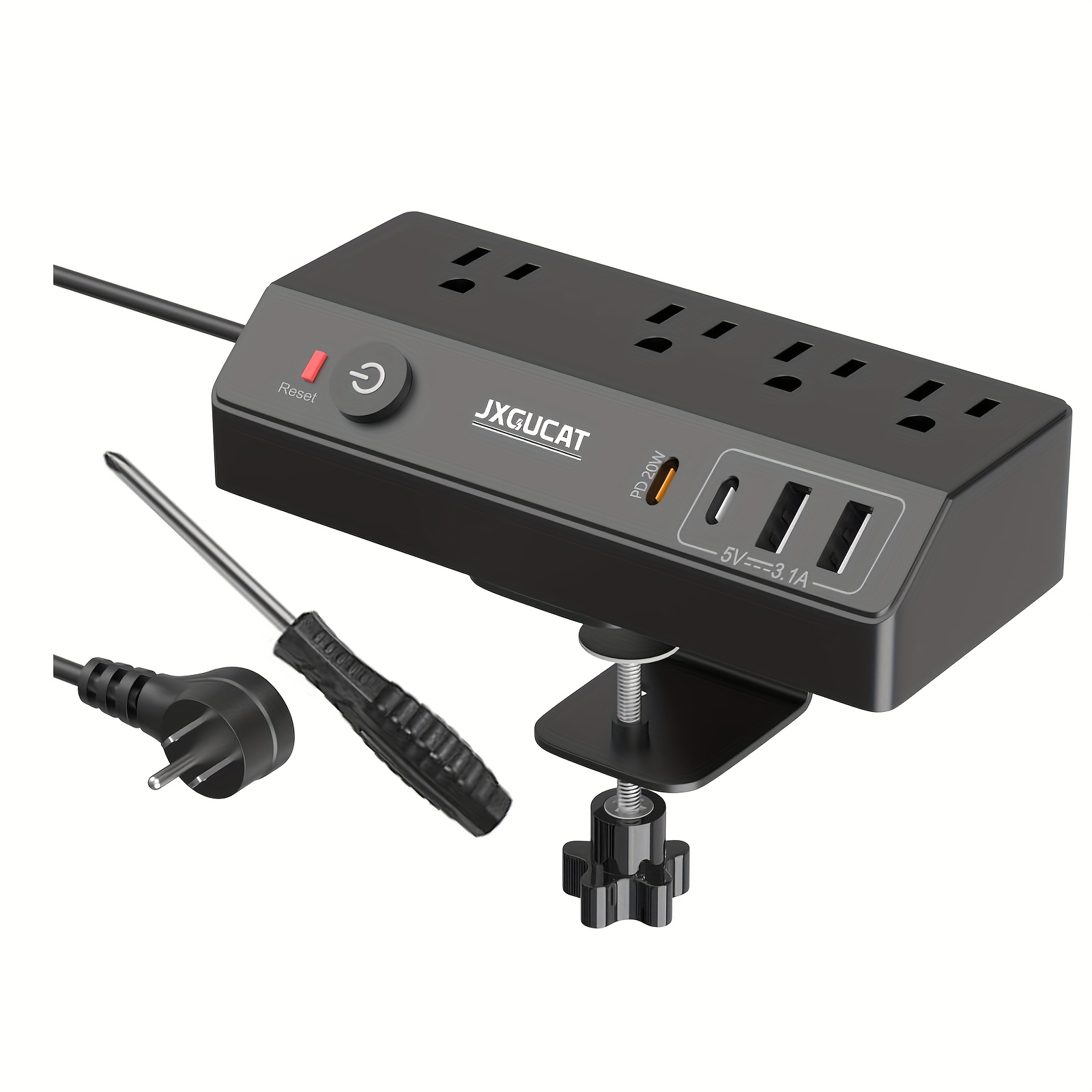 1pc Desk Clamp Power Strip With USB C, PD 20W Removable Fast Charging Desktop Edge Power Strip Surge Protector, 8.8Ft Extension Cord Flat Plug With 4 Outlet 4 USB Ports, Fit 1. 8" Tabletop Edge 4 1pc Desk Clamp Power Strip With USB C, PD 20W Removable Fast Charging Desktop Edge Power Strip Surge Protector, 8.8Ft Extension Cord Flat Plug With 4 Outlet 4 USB Ports, Fit 1. 8" Tabletop Edge - Image 4