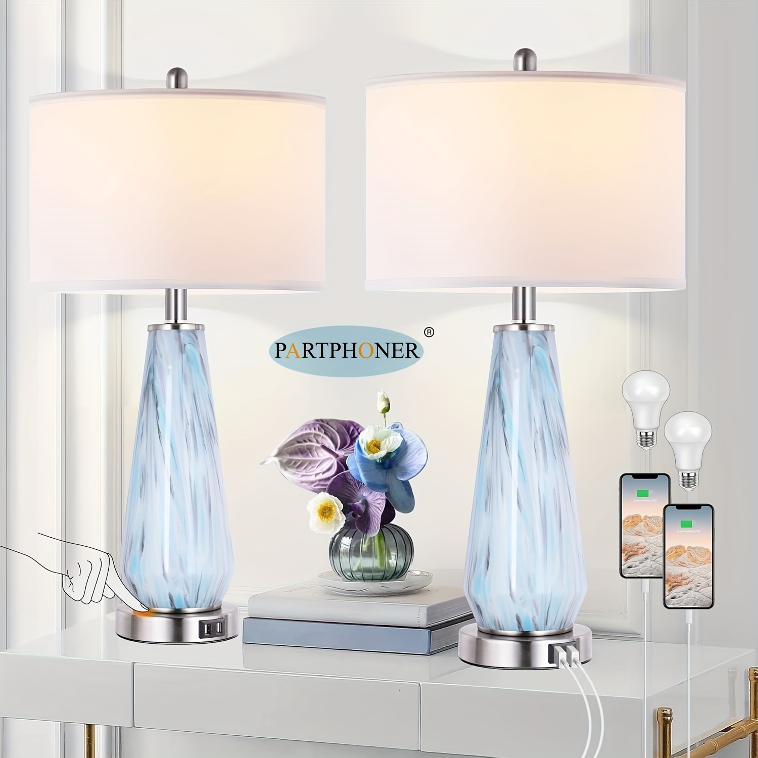 

2 Table Lamp, 27" Tall Swirl Blue Gray Art Glass Bedside Lamp With Usb , 3-way Dimmable Nightstand Lamps White Drum Shade For Room, Bedroom, Valentine's Day And Easter Gifts