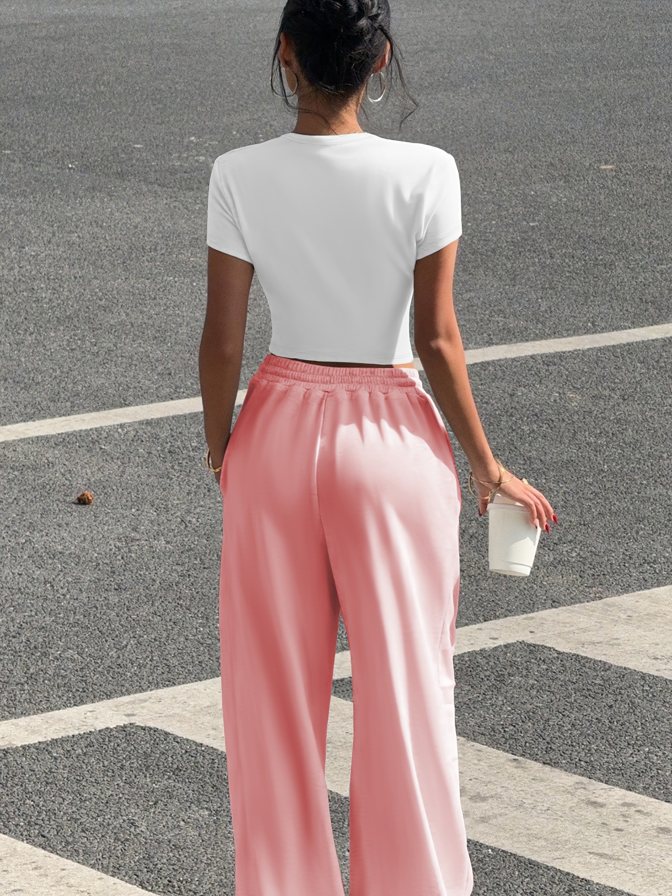 A Stylish Two-Piece Set for All Seasons, Featuring a Heart Print Casual Outfit, Consisting of a Fitted White Short T-Shirt And Tapered Jogger Pants, Machine Washable, Perfect for Street Fashion And Vibes