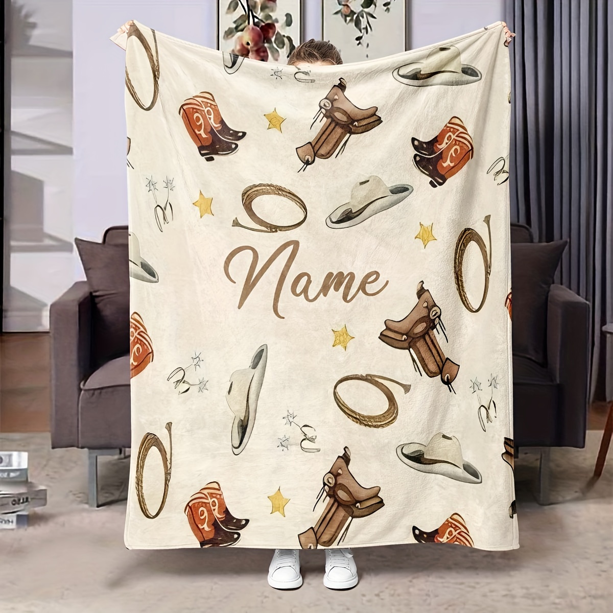 

Custom Name & Horse Print Flannel Blanket - Soft, Warm Personalized Throw For Couch, Office, Or Bed - Gift