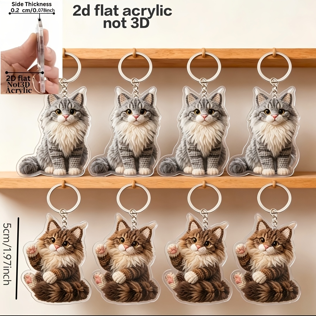 TEMU Ensemble de 8 porte-clés 2D plats en acrylique représentant des chats Maine Coon, parfaits pour les porte-clés de voiture ou de sac à dos. Ces