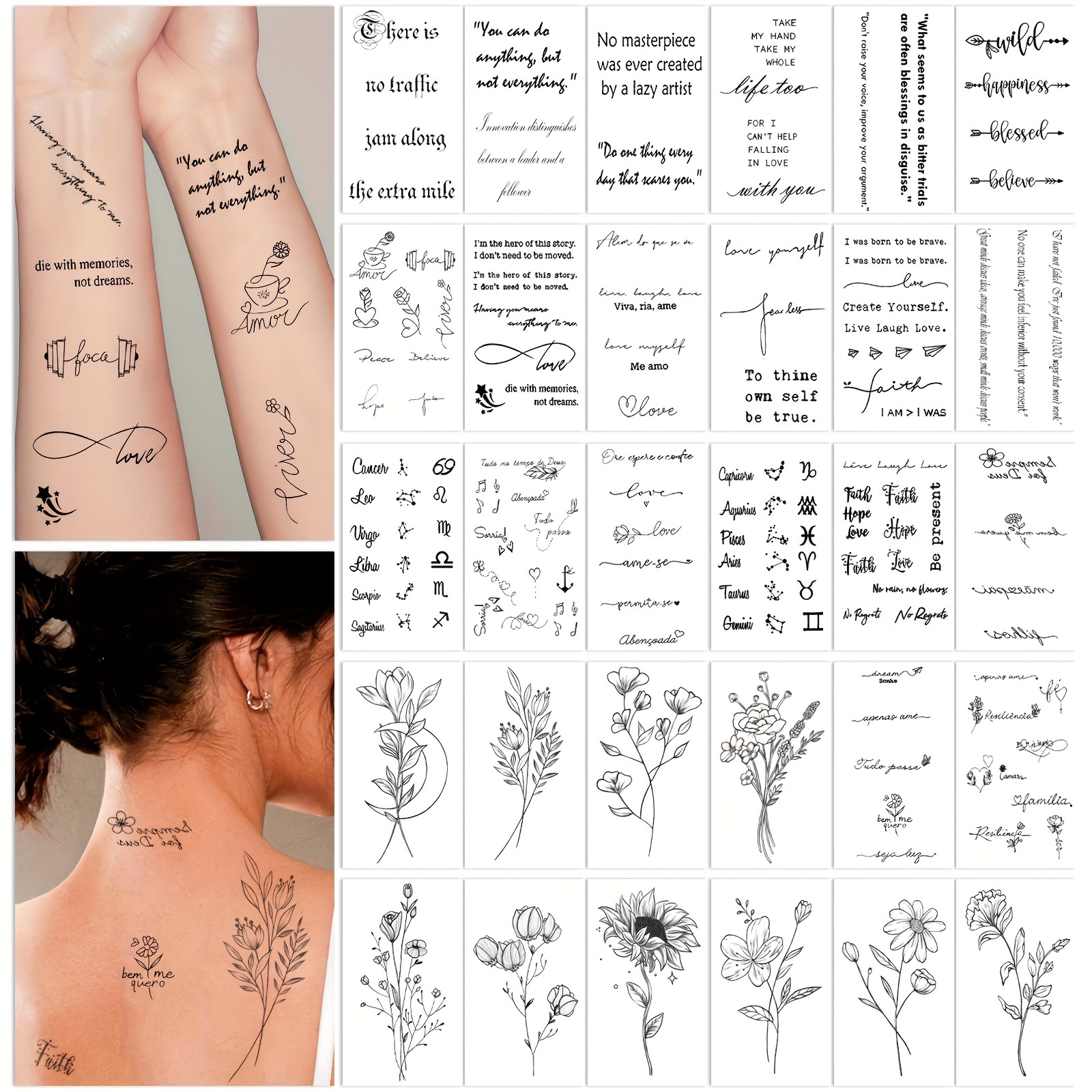 

30 Sheets Small Temporary Tattoos For Women Men Neck Hands Finger, Slogan Flower Fake Tattoo Stickers, Waterproof And Long-lasting, Realistic Black Tattoos Sticker, Teenage Stuff