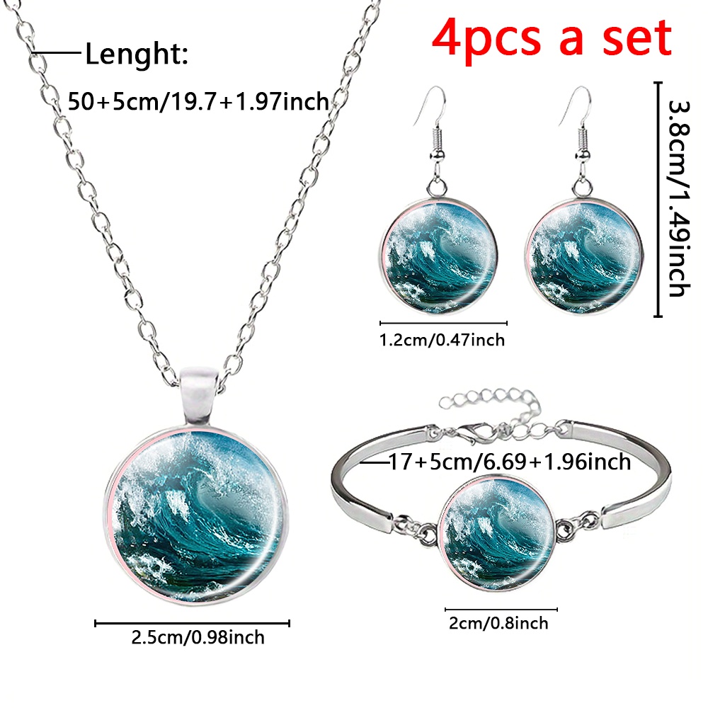 4pc White Jewelry Set with Necklace, Bracelet, and Earrings, Ocean Waves Design