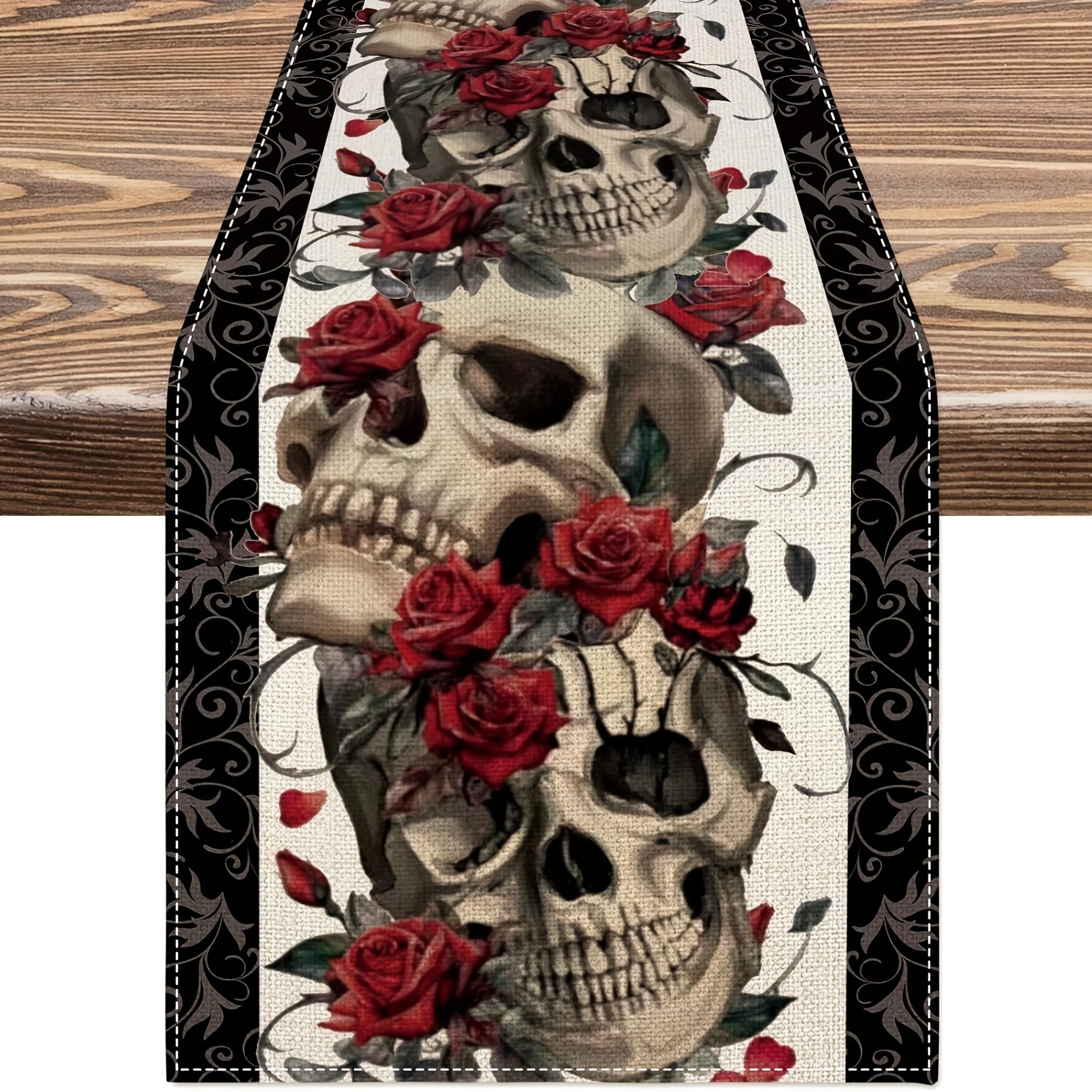 

1pc, Table Runner, Gothic Halloween Table Runner, Rose And Pattern Linen Table Runner, Scary Halloween Kitchen & Dining Decor For Indoor Outdoor Parties