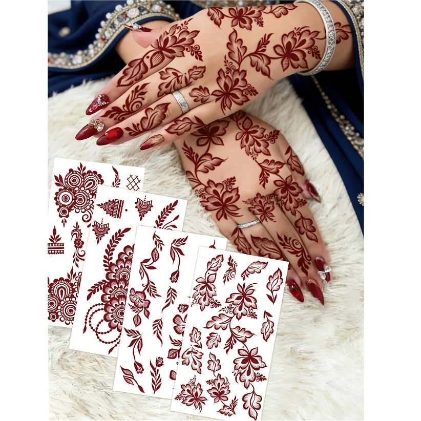 Image of 4pcs Brown, Red, Burgundy Sexy Floral Toe And Hand Temporary Tattoo Stickers, Waterproof Flower Tattoo Stickers For Women, Suitable For Wedding, Party