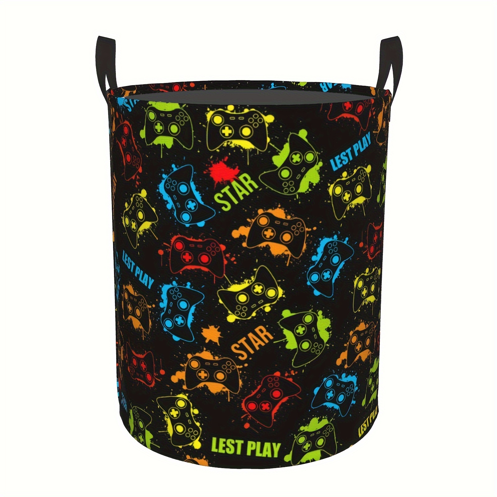 

Round Polyester Laundry Basket With Handles, Casual Gamer Room Decor, Gamepad & Controller Print, Bedroom Storage Hamper For Dirty Clothes, Bathroom & Holiday Accessory, Laundry Baskets