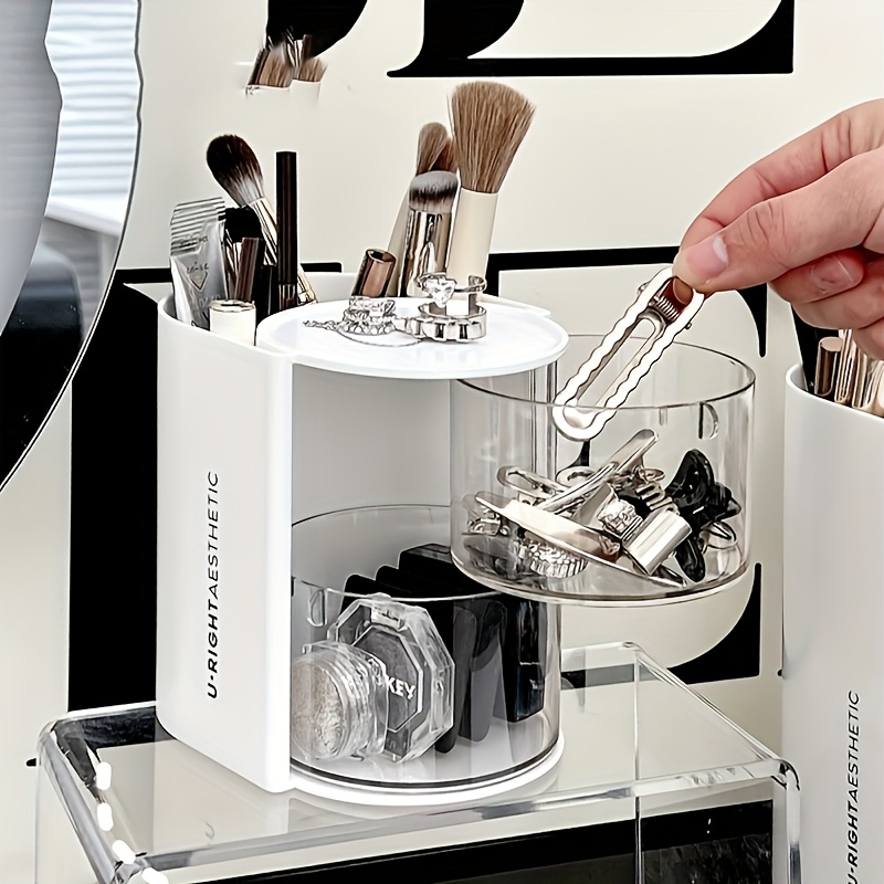 2 3 tier makeup organizer with brush holder dustproof white pink powder     dsktop cushions holder container with brushes case hair clip jewelry storage drawel bin   vanity table bathroom Product details 5