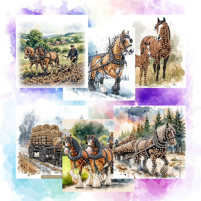 TEMU 6pcs Diamond Painting Greeting Card Set, Field Horse Theme Design Cards, Colored Diamond Sticker Design - Round Diamond Handmade Kit, Includes
