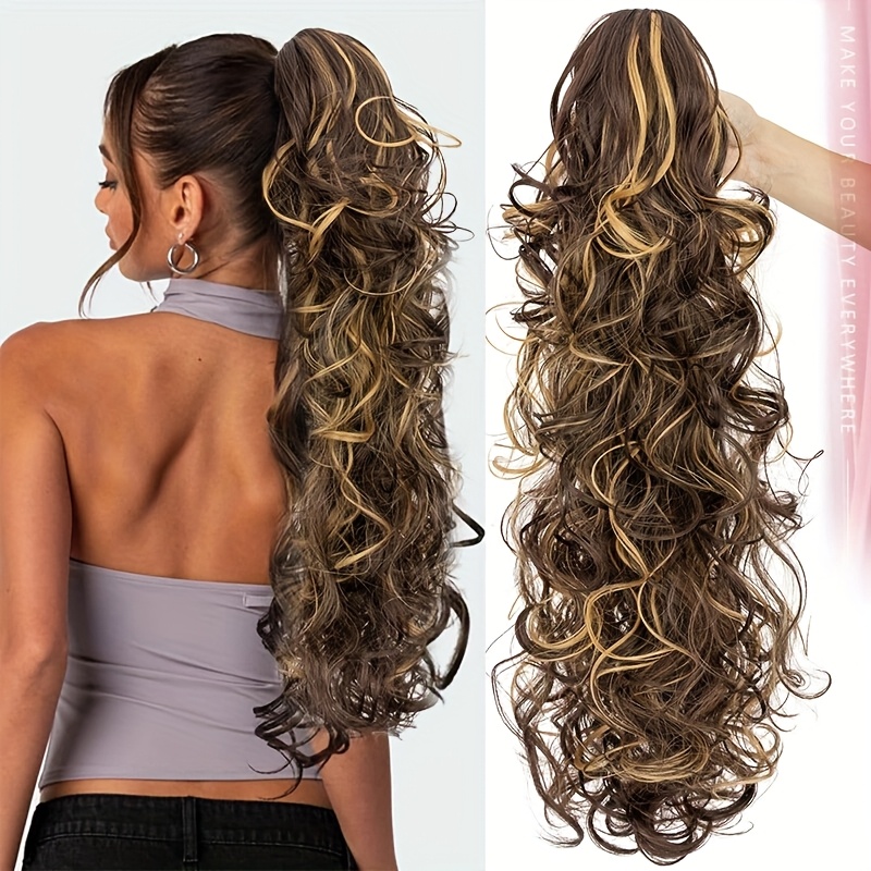 1pc elegant 24 long curly wave ponytail extensions with claw clip synthetic smooth natural look for women   for daily use parties weddings birthdays holidays ponytail hair extensions wedding hairpiece naturallooking hairpiece details 0
