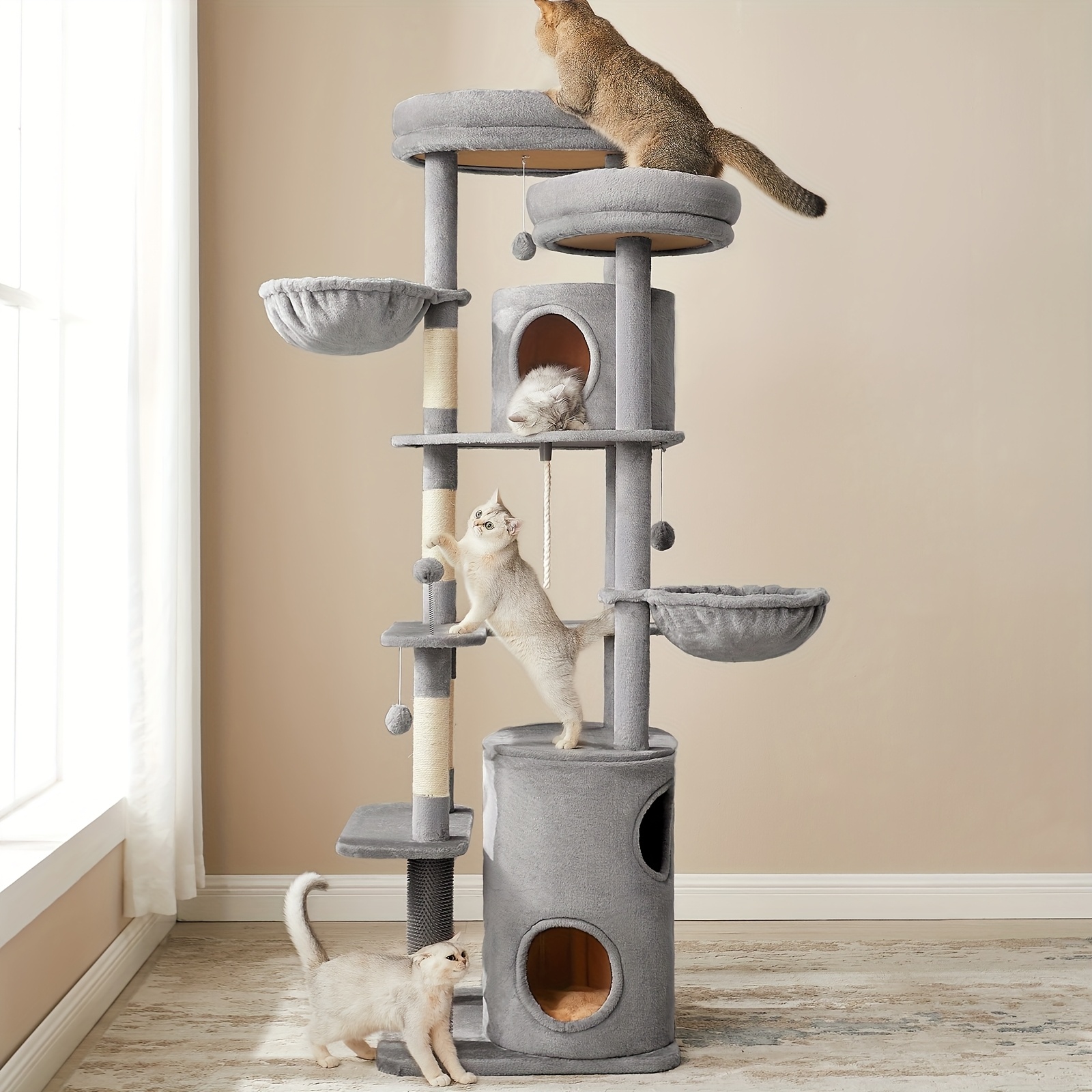 Feandrea XXL Cat Tree, 196cm Tall Cat Tower, Multi-Level Plush Cat Condo with 2 Perches, 3 Caves, 2 Baskets, 5 Scratching Posts, 4 Pompoms, Self-Groomers, for Indoor Cats