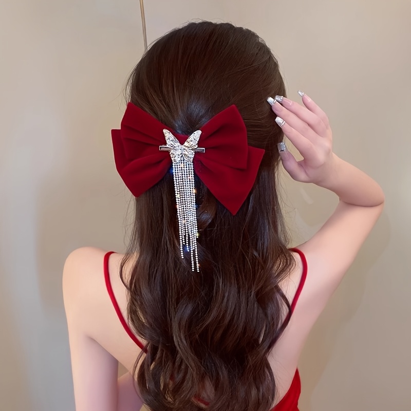 

1pc Elegant Bow Hair Clip With Sparkling & Tassel Accents - Vintage-inspired & New Year's Accessory For Women, Elegant Hair Clip, Best For Christmas