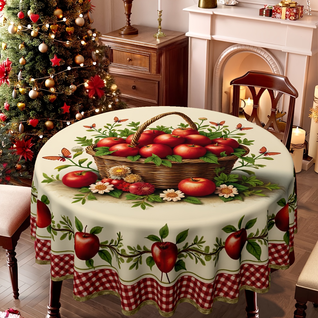 TEMU 1pc 2d Printed Valentine's Day Easter Tablecloth | Rustic Basket Themed Style, Red Plaid Border Round Tablecloth, Suitable For Home Kitchen,