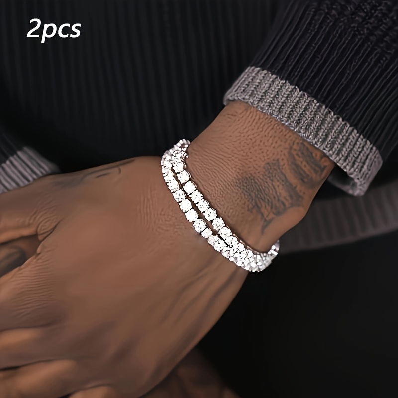 TEMU 2pcs Bracelet de tennis Hip Hop en alliage de 4 mm, unisexe, bijou de poignet à chaîne plaquée , ajouts quotidiens et de fête
