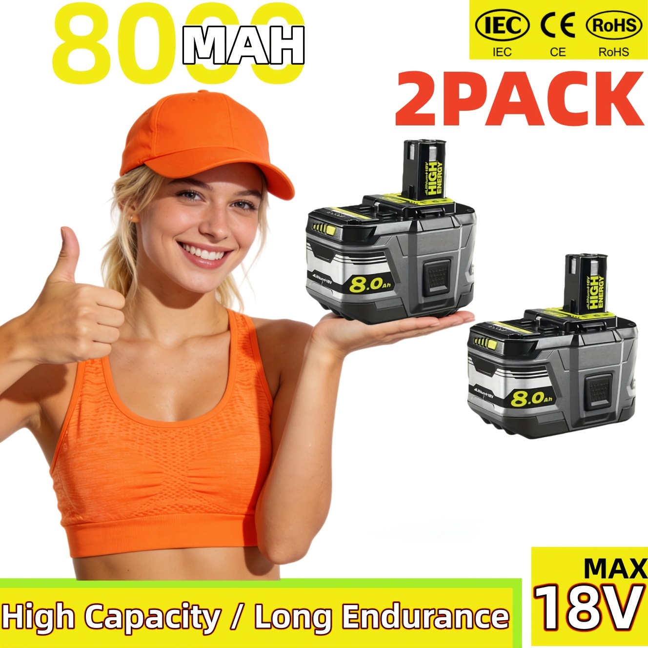 TEMU 2pack 8.0ah 18v P108 Battery Replacement For Ryobi 18 Volt Lithium P104 P105 P107 P109 P122 Battery For Ryobi One+ Cordless Drill Tools