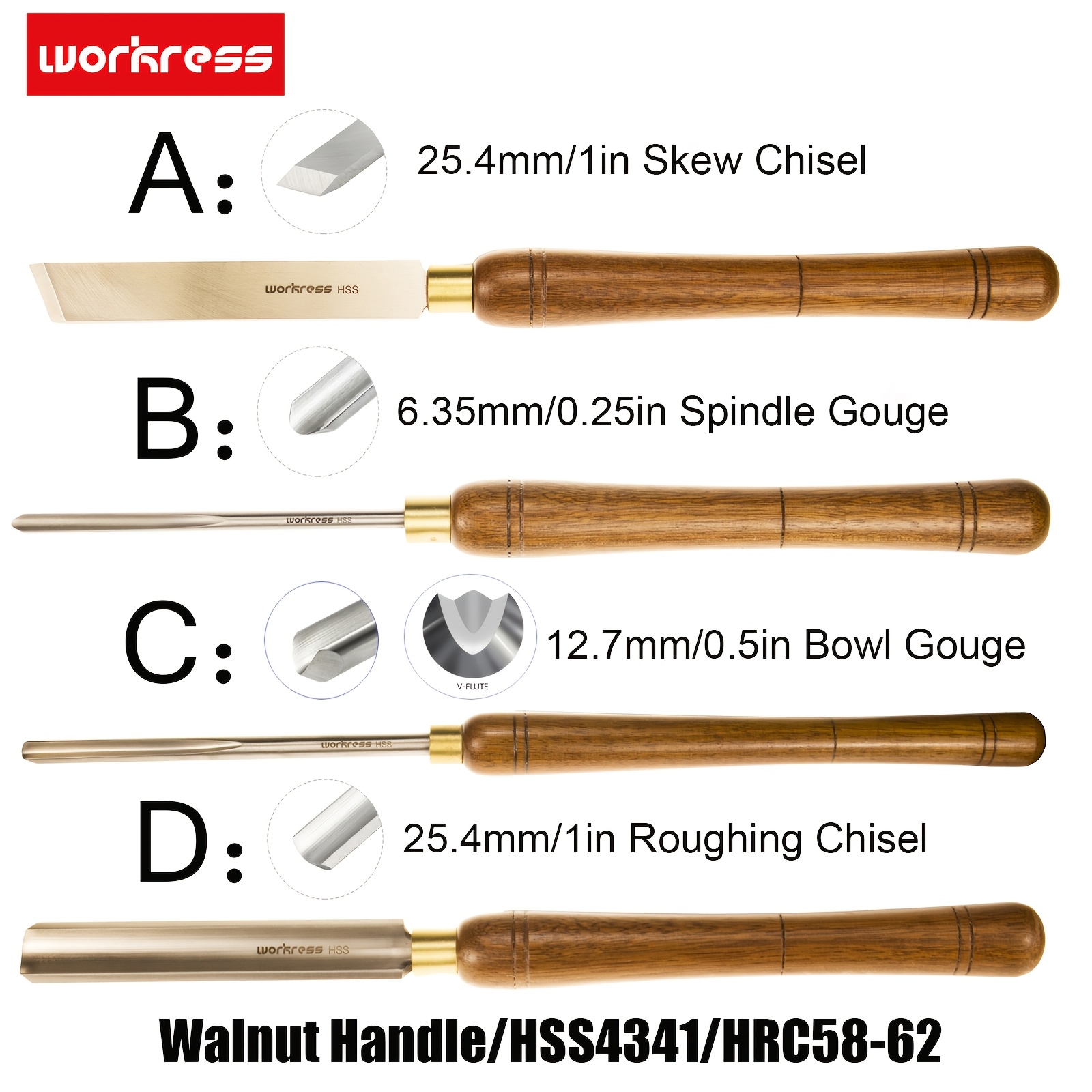 

1 Set Workress Hss Woodturning Tools - , Bowl , Parting Tool, Scraper, Chisel For Woodworking Lathe - Metal, Manual, No Electricity Or Battery Required