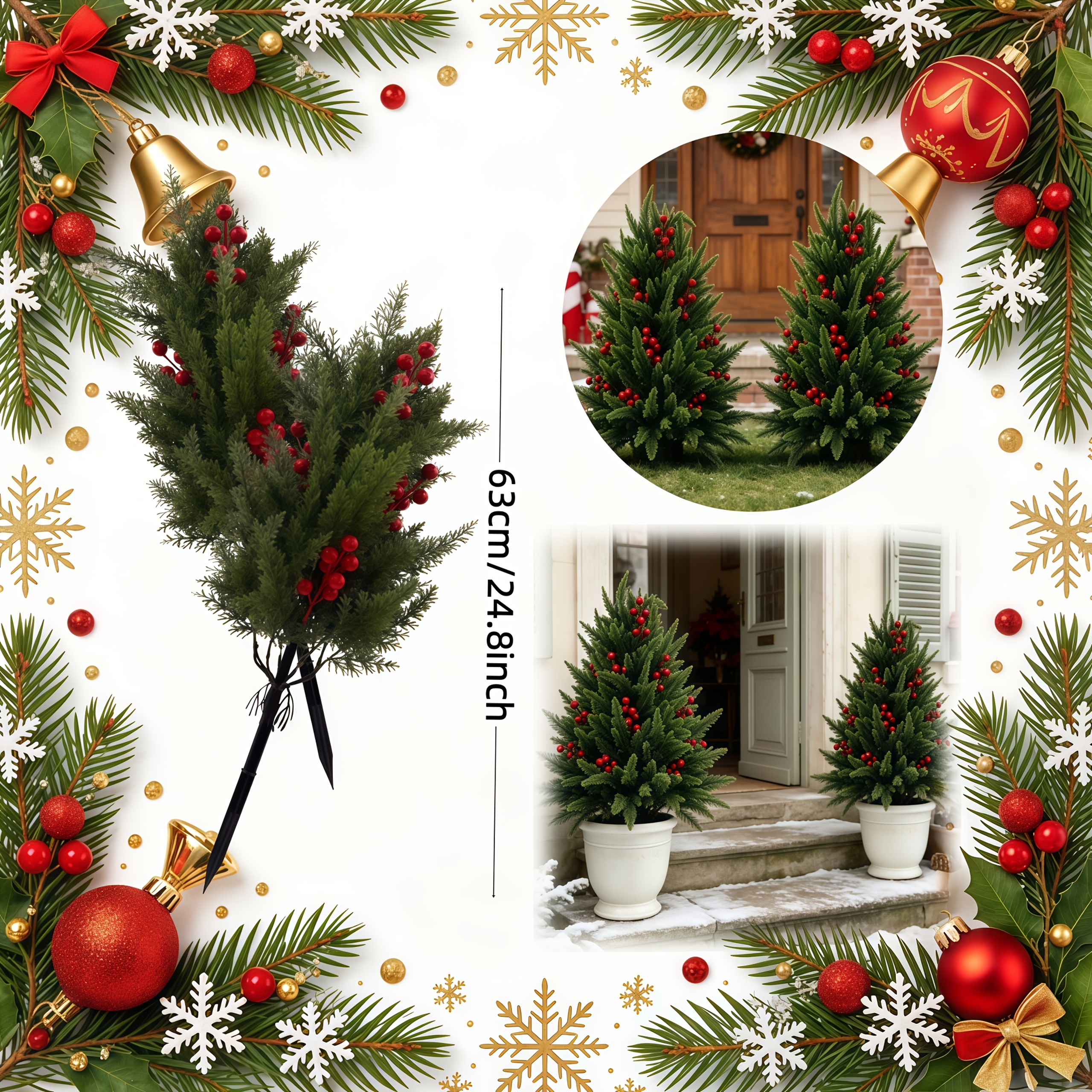 TEMU 2pcs Lupcjdv Large Artificial Christmas Tree With Red Berries & Pine Branches - Realistic Suitable For Indoor/outdoor Decor, Winter Weddings,