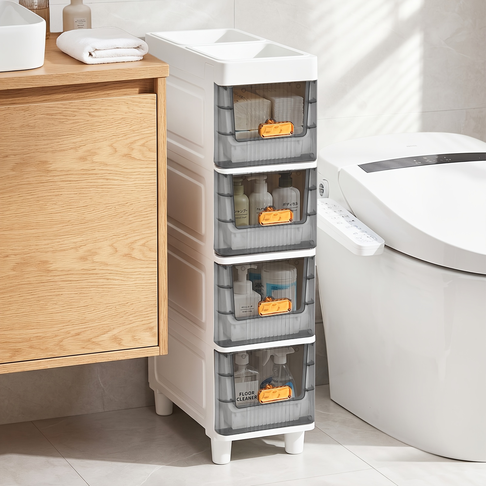Vertical Storage Cabinet For Bathroom, 4 Tier Bathroom Storage Cabinet Translucent Grey And Partition Storage For Toilet Paper Clothes , 18cm Slim Cabinet No Floor Space, Freestanding And Use
