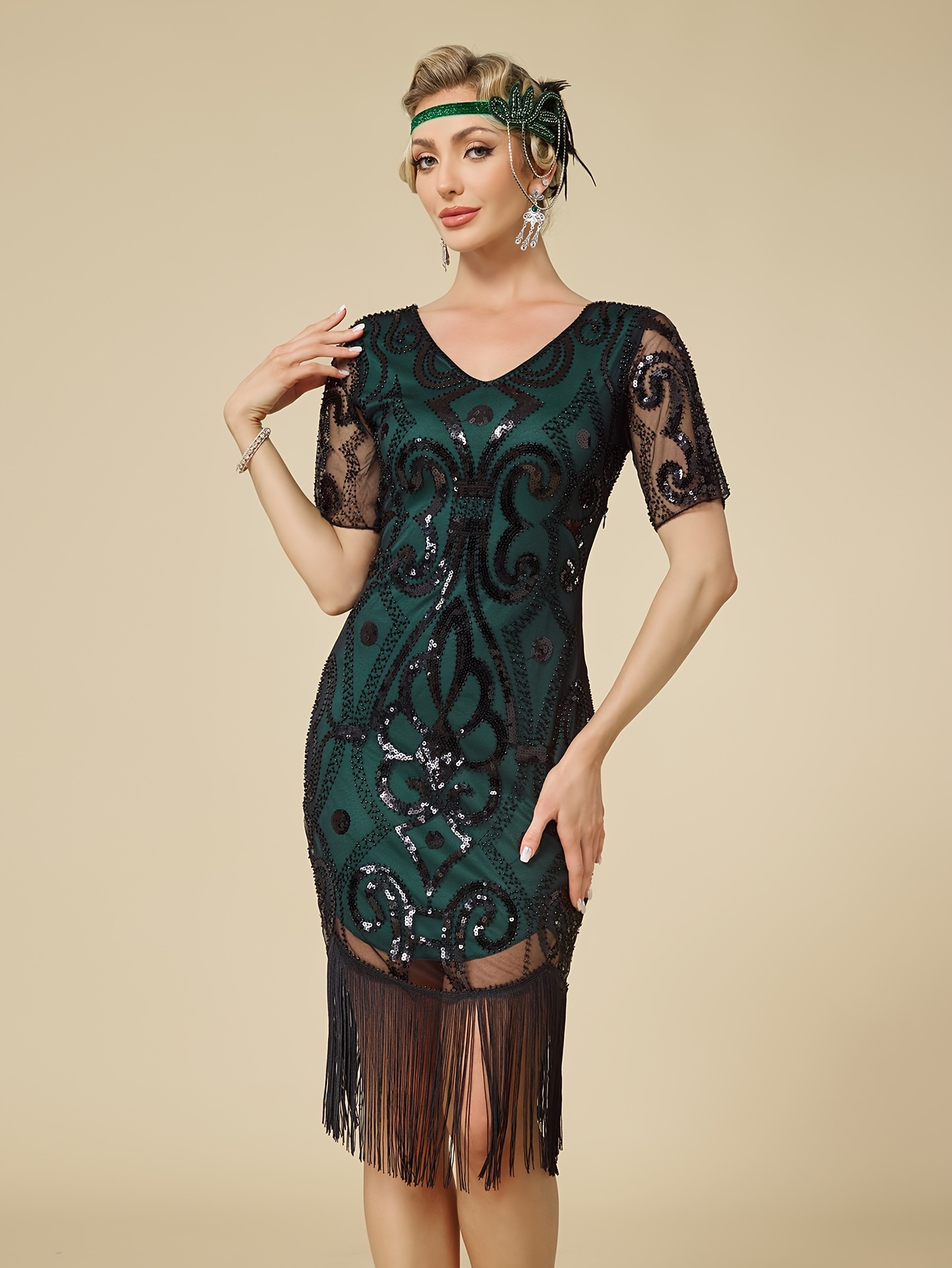 1920s vintage sequin dress short sleeve fringe beaded ball - Temu