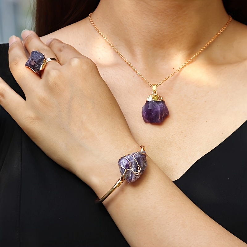 

Vintage Bohemian Style Cuff Bracelet Set With Natural Amethyst Stone Necklace And Open Ring Jewelry - Perfect Gift For Vocation, Summer Jewelry Set For Your Lover