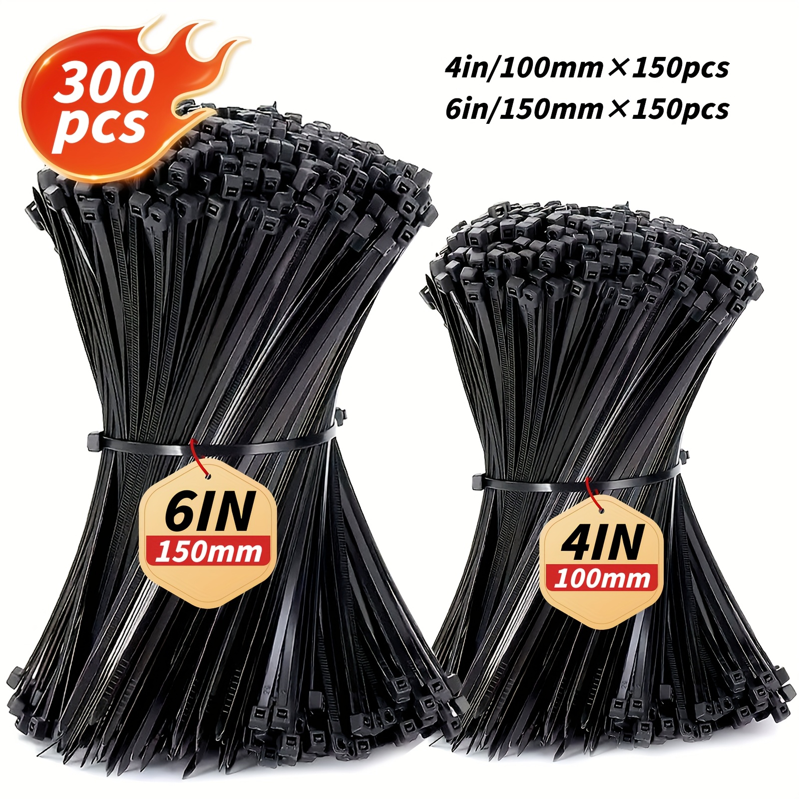 TEMU 300pcs Nylon Ties, Multiple Sizes 6+4in, High Strength Stretch, Uv Resistant, Self-locking Black Ties For Home, Office, Garden Fence, And Cable