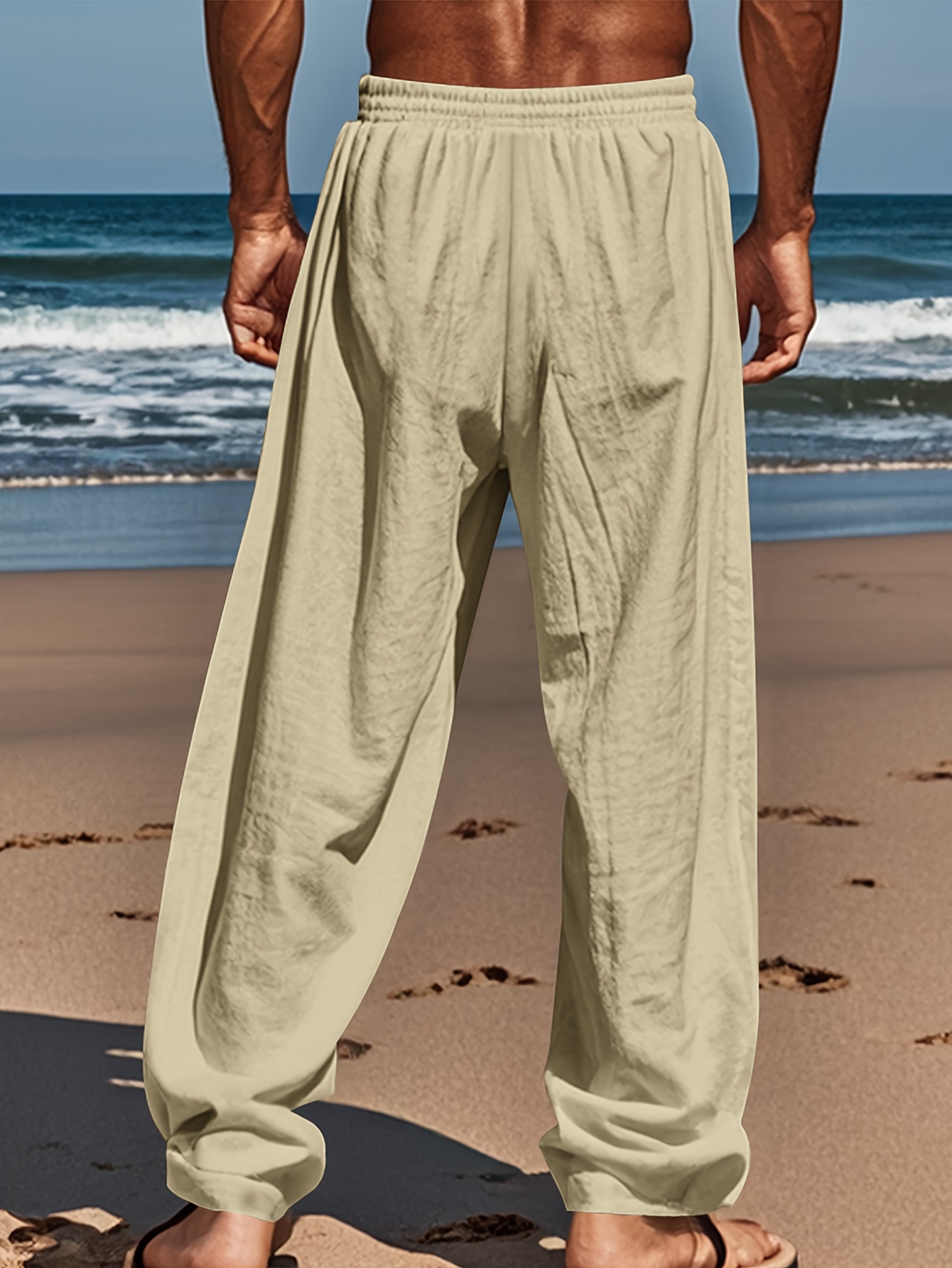 Men's Linen Pants - Non-Stretch Formal Pants, Elastic Drawstring Waist, Loose Fit Trousers for Beach, Office, Parties - Machine Washable Casual Formal Attire for s &
