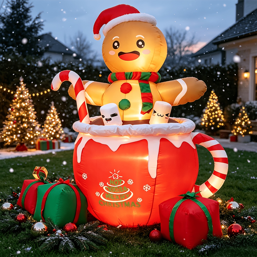 TEMU 6ft Inflatable Yard Decorations Large-sized Christmas Glowing Inflatable Decoration - Hot Chocolate Cup Gingerbread For Man - American- Party