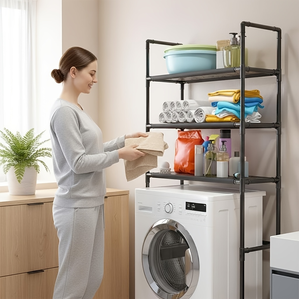 4 tier bathroom   saving storage rack for above washing machine bathroom and laundry organizer with sturdy metal frame adjustable top mounted shelf suitable for bathroom storage home organization for holding towels Product details 1