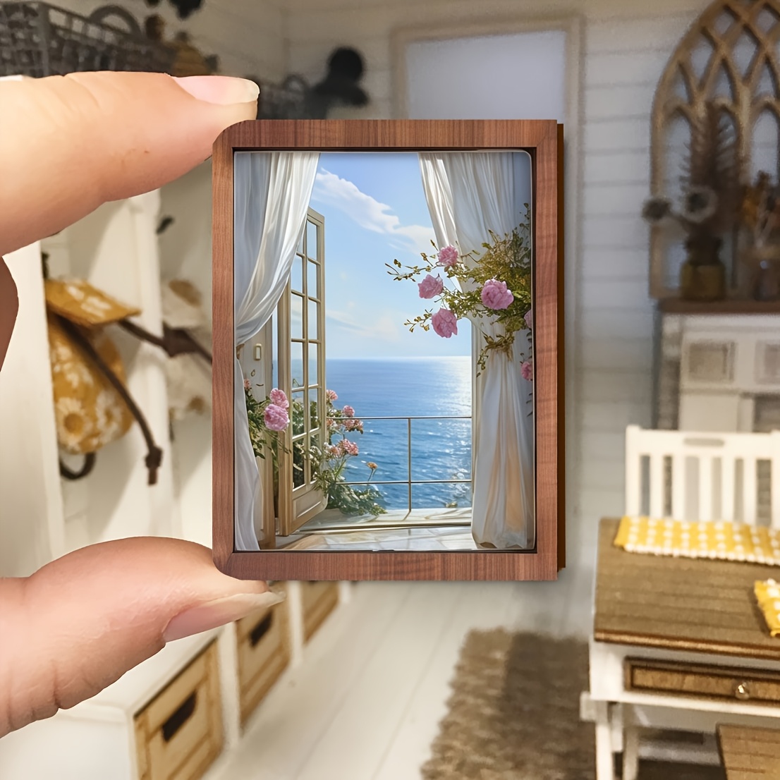 TEMU 1pc Dollhouse Mini Accessory Opening Window To Sea Pattern Fun Geometric Shape Wooden Ornament Miniature Scene Model Layered Tray Decorative