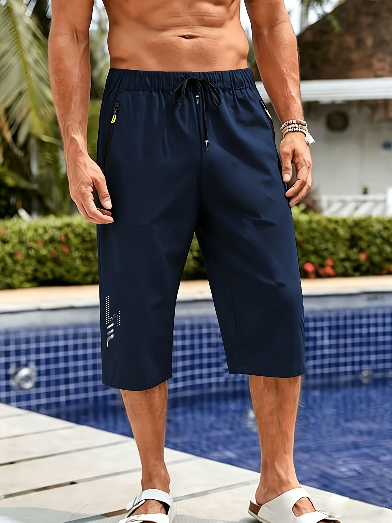mens quick dry swim trunks lightweight breathable polyester solid color with side zipper drawstring   summer beach pool and outdoor activitie