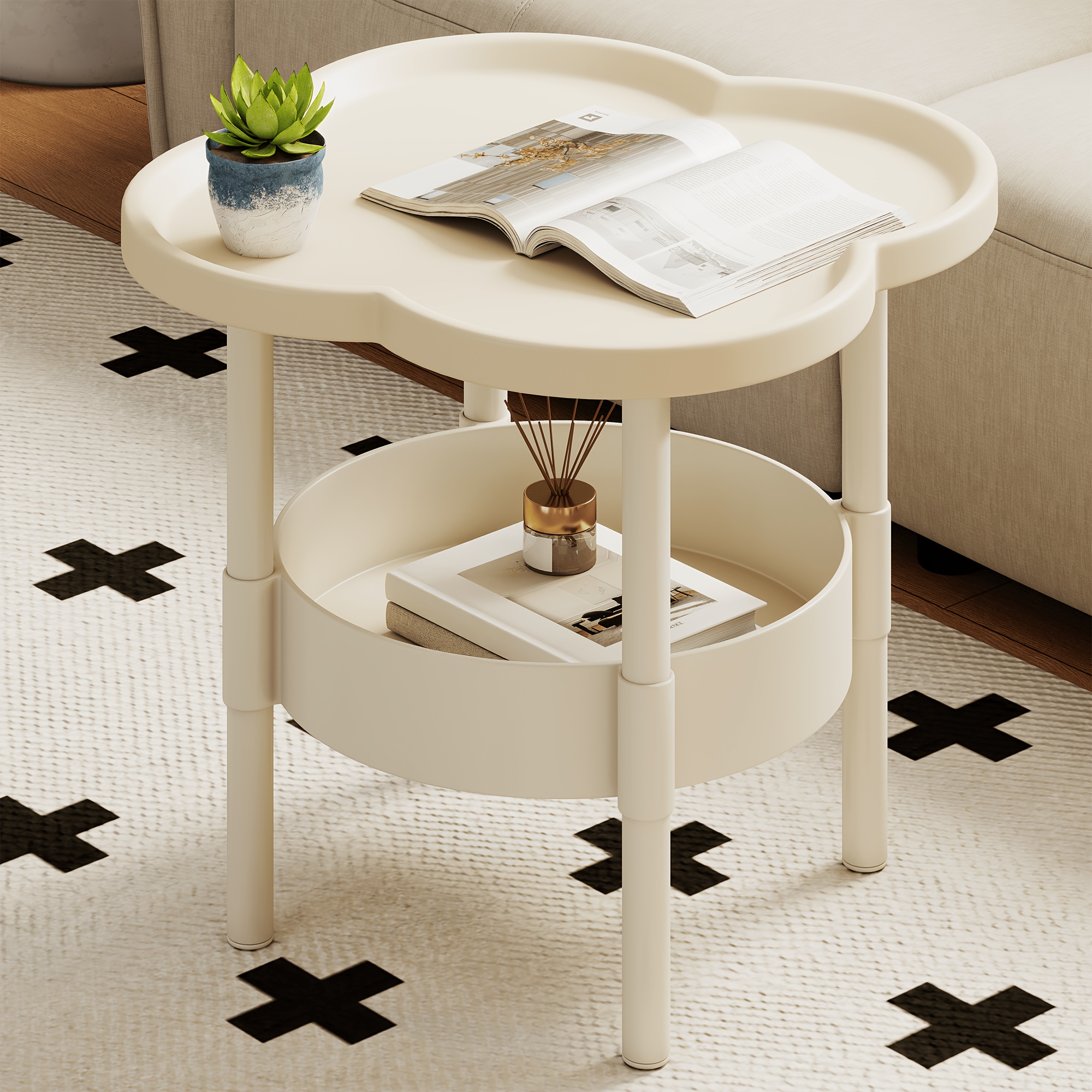 TEMU 2-tier Round Flower Shaped Side Table With Lower Shelf - Space-saving For Small Spaces, Easy Assembly Lightweight Durable Plastic Construction,
