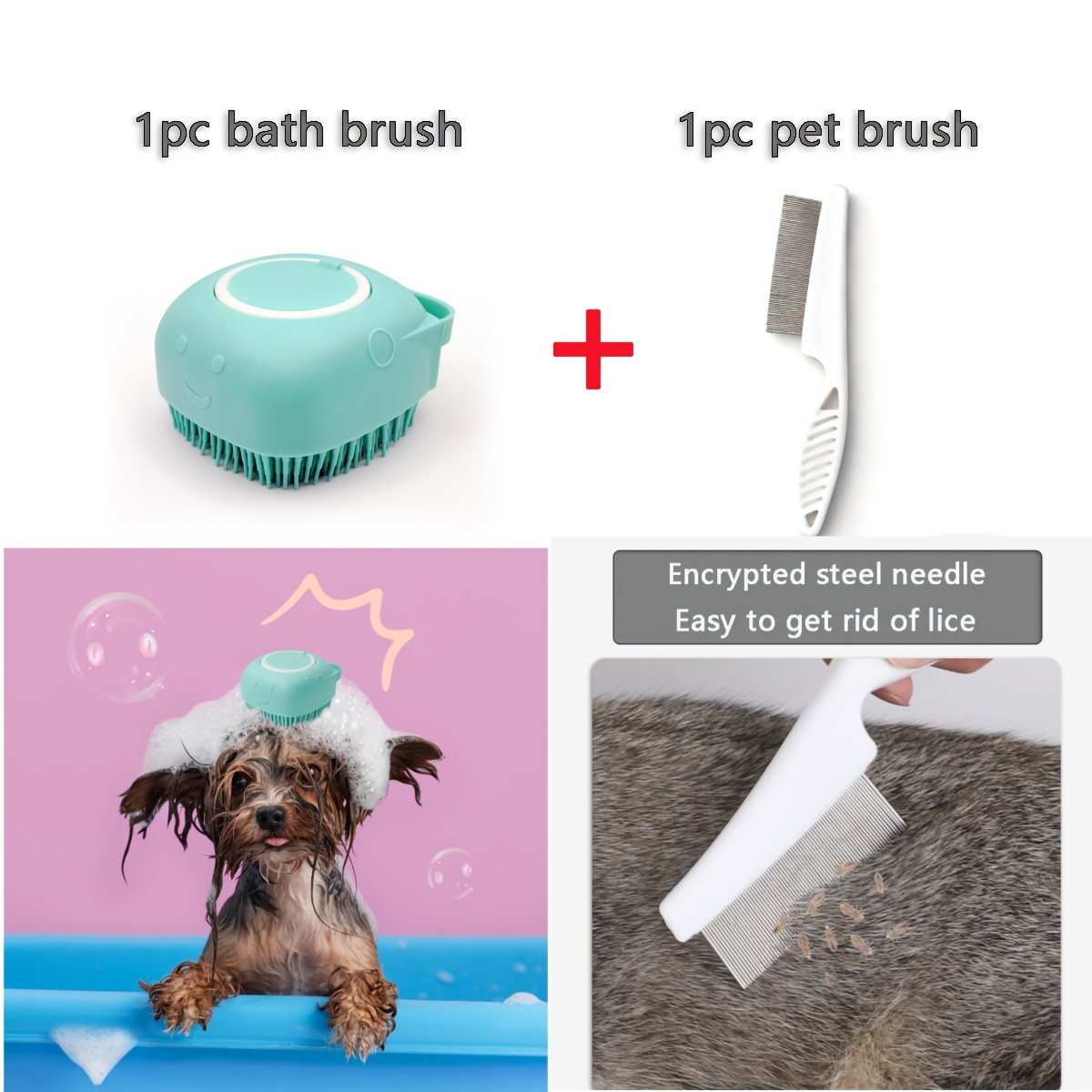 TEMU Ensemble de 2 brosses de nettoyage et de toilettage pour animaux de compagnie avec réservoir de stockage de liquide, brosse de massage pour bain