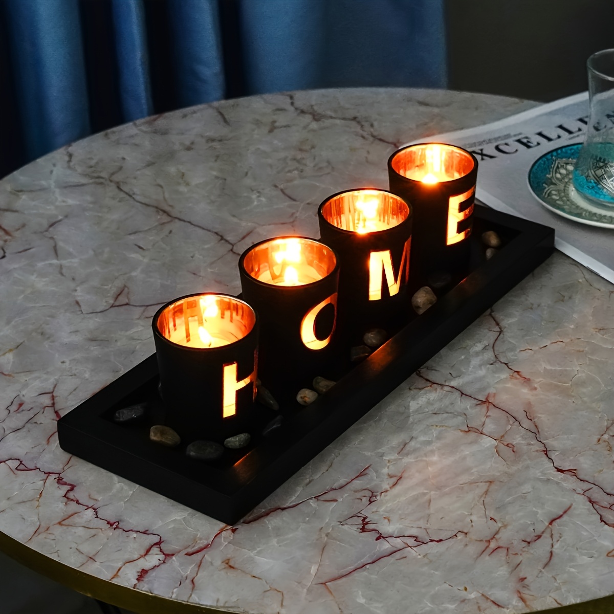Porte-bougies en verre et bois, ensemble décoratif avec lettres, résistant au vent, pour théières, décoration d'intérieur, cadeau de mariage ou maison