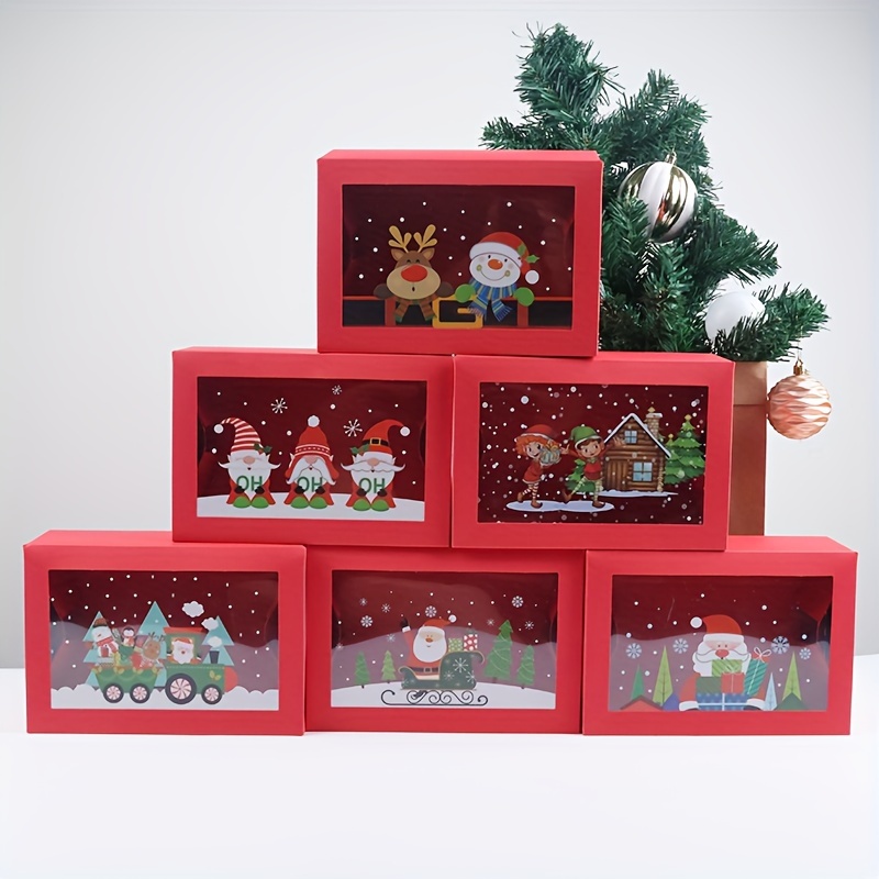 

6-pack Christmas Gift Boxes, Red Cardboard, Cartoon Reindeer & Christmas , Transparent Window, Baking Candy Cookie Boxes, Holiday Party Favor Packaging, Home & Kitchen Supplies