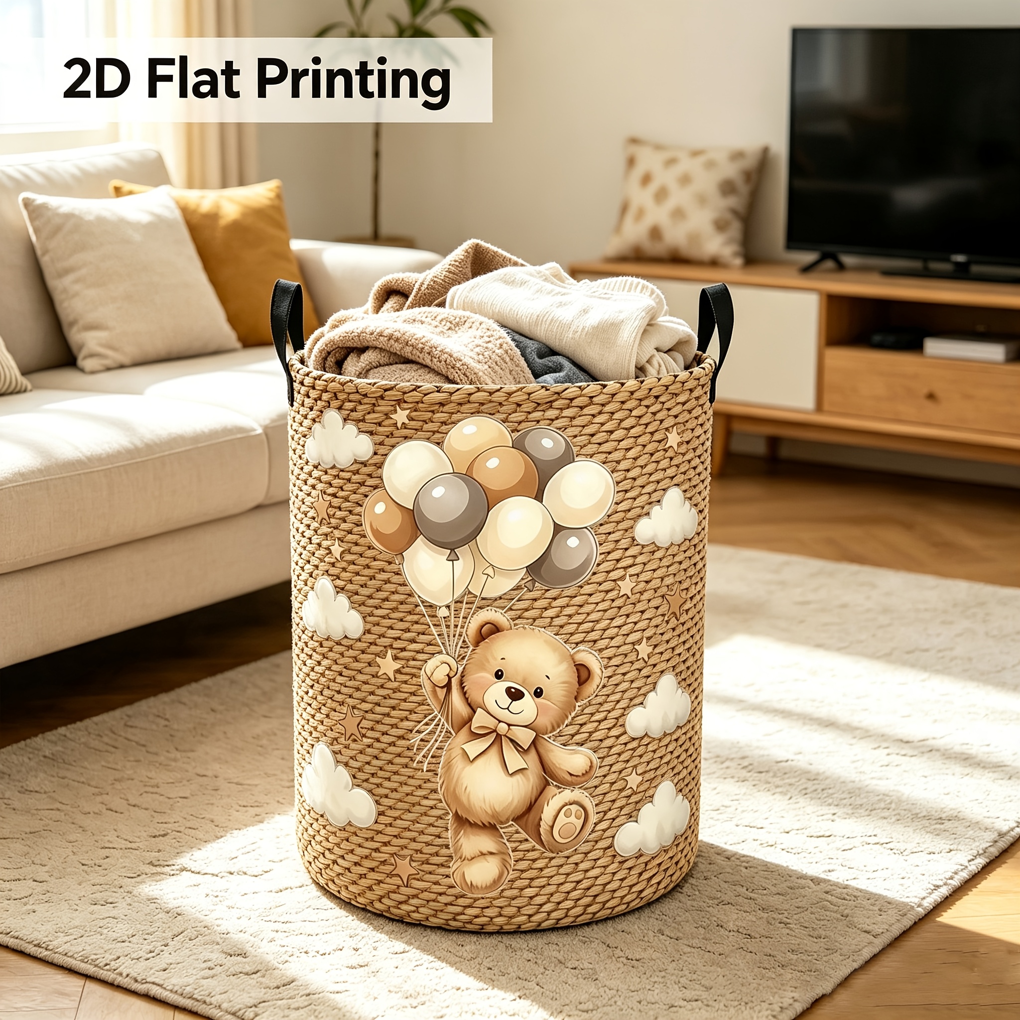 TEMU Panier à linge rond grande ballon avec cadre ballon et rotin - Convient pour le rangement de , les vêtements, panier à linge avec poignées pour
