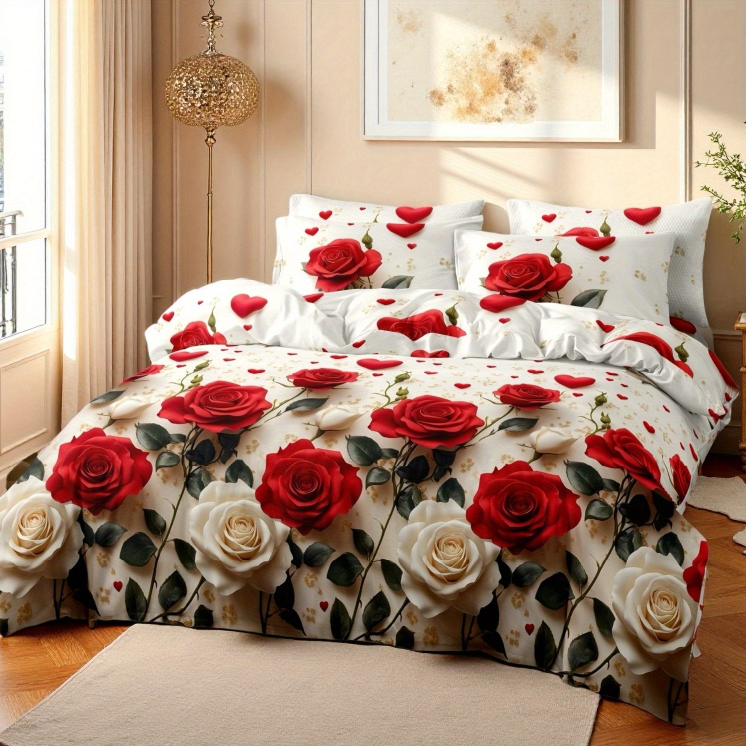 E-shop 3-teiliges 2D-Muster Weiß-Rot Romantisches Rosen-Cluster Bettwäsche-Set, Blumenranken-Muster Bettwäsche für Schlafzimmer/Gästezimmer/Wohnheim (1